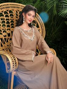 Al Najma Đầm maxi dài tay dáng rộng thoải mái với tua rua, kiểu áo choàng dài truyền thống Thổ Nhĩ Kỳ và Ả Rập. - màu nâu - Xem 3