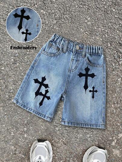 Young Boy New Fashion Distressed Street Cool Style Cross Embroidered Loose Blue Denim Jean Shorts Spring Summer,For Kids Spring/Summer Dailywears,Young Boy Streetwears,Young Boy Beach,Vacations For Young Boy,Casual For Young Boy,Graphic Shorts, 4-Year-Old Young Boy Shorts ,Summer Shorts ,Casual Shorts