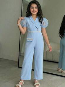SHEIN Tween Girl Spring/Summer Casual Elegant French Collar Rhinestone Button Asymmetric Hem Organza Puff Sleeve Jumpsuit With Blue Beaded Trim Patchwork Pants - Blue - View 3