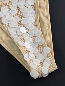 Swim Vcay Summer New Solid Beige Luminous Ocean Style Sequin Mesh Splice Side Adjustable Backless High Cut One-Piece Sexy Influencer Beach Romantic Vacation Bikini Set For Women - Apricot - View 6