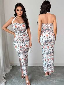 Vavine Vestido ajustado con estampado floral, escote halter y espalda descubierta para mujer - Multicolor - Ver 1