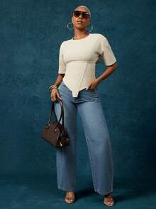 Vixey 杏色纹理针织不对称束腰下摆系带收腰垫肩上衣 - 杏色 - 查看 3