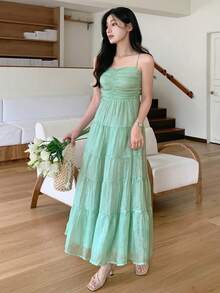 DAZY Women's Green Spaghetti Strap Vacation Glitter Mesh Midi Dress - Green - View 5