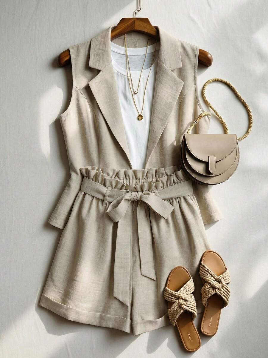 GlowEve Women's Elegant Casual Apricot Linen Suit, Suitable For Office, Commuting, Outings, Loose Casual Set, Summer Wear, Women's Office Suit, Apricot Set, Women's Two Pieces Suit, Elegant Women's Suit - Grey - View 1