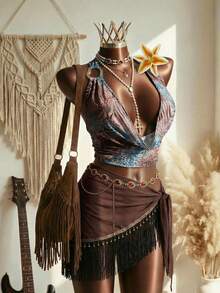 Elin Vora 春夏露背印花设计金属扣饰性感女式上衣 - 彩色 - 查看 4