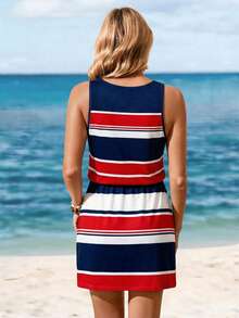 Sylviya Đầm ngắn nữ màu xanh hải quân in hình mỏ neo và sọc, thích hợp cho mùa xuân/hè, đầm sọc mùa hè, thích hợp đi chơi, đầm thanh lịch, đầm đi nghỉ mát. - Nhiều màu - Xem 2