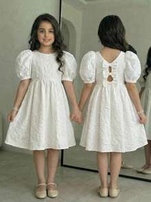SHEIN Vestido corto de manga abullonada con lazo decorativo y espalda descubierta, informal y de vacaciones, para niñas preadolescentes, color blanco, primavera/verano - Blanco - Ver 2