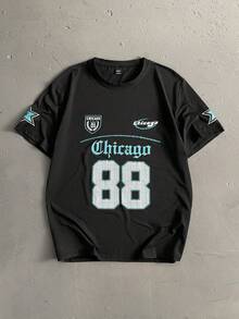 StoneGrade 男士字母和星星图案印花圆领短袖T恤，休闲百搭，适合夏季 - 黑色 - 查看 7