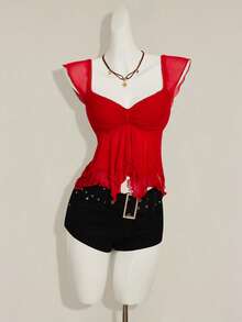 SHEIN ICON Women's Ruched Front Fitted Sexy Mesh Patchwork Cap Sleeve Backless Casual Vacation Cropped Tank Top - Red - View 5