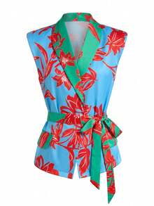 LOTSLUV Women's Blue, Green, Red Tropical Floral Placement Print, V-Neck Sleeveless Cinched Waist Padded Shoulder, Printed Jacket - Blue - View 1