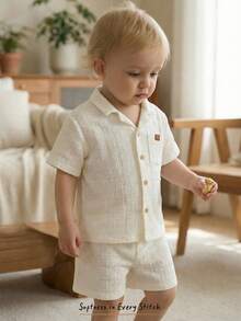 Cozy Pixies 2pcs Young Boy Set:Textured Knit Soft Collar Short Sleeve Cardigan And Elastic Waist Shorts,Summer Matching Family Vacation Button Up Linen Outfit - White - View 1