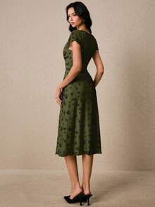 Poéselle Đầm midi ôm dáng tay ngắn phối màu tương phản dành cho nữ, thanh lịch mùa hè. - xanh quân đội - Xem 7