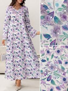 Yasmyna Damen elegantes Blumenprint-Kleid mit V-Ausschnitt, Glockenärmeln, Perlenbesatz und Bindegürtel, Urlaubsstil, Frühling/Herbst - Verschiedenfarbig - Übersicht 2