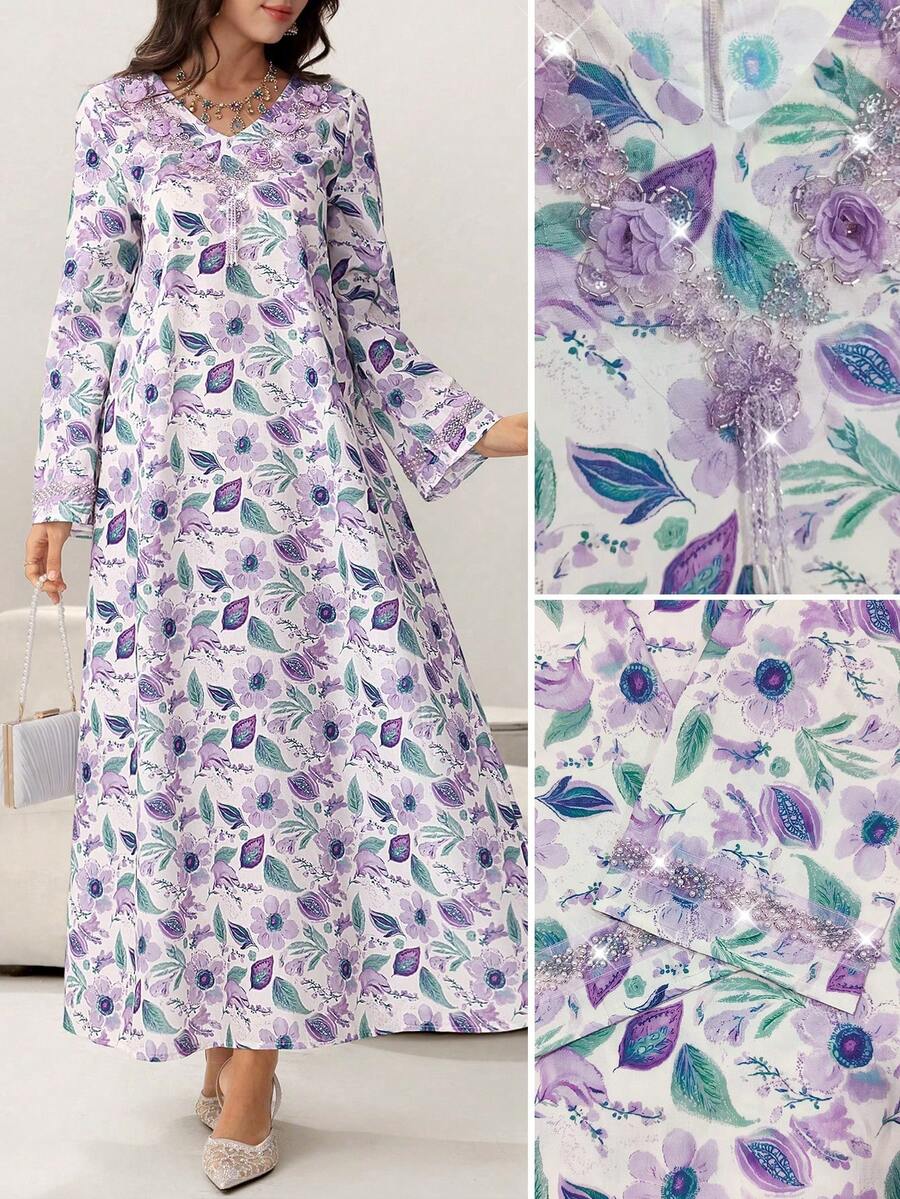 Yasmyna Damen elegantes Blumenprint-Kleid mit V-Ausschnitt, Glockenärmeln, Perlenbesatz und Bindegürtel, Urlaubsstil, Frühling/Herbst
