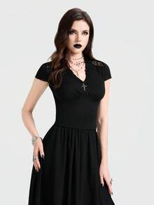 Breakform Women's Gothic Elegant Velvet Contrast Lace Frill V-Neck Metal Cross Decor Cap Sleeve Cuff Fitted Crop Top Black Summer Goth Club Night Out - Black - View 1