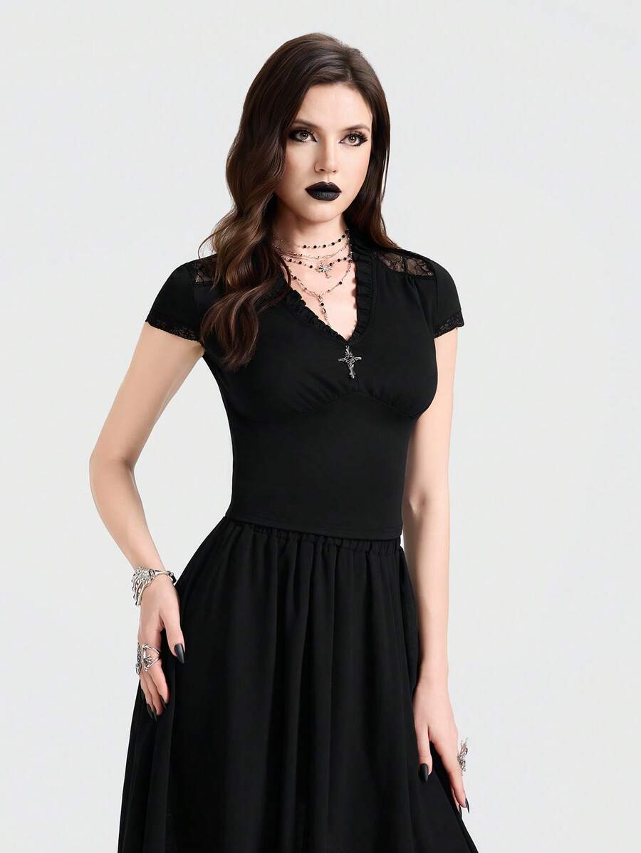Breakform Women's Gothic Elegant Velvet Contrast Lace Frill V-Neck Metal Cross Decor Cap Sleeve Cuff Fitted Crop Top Black Summer Goth Club Night Out - Black - View 1
