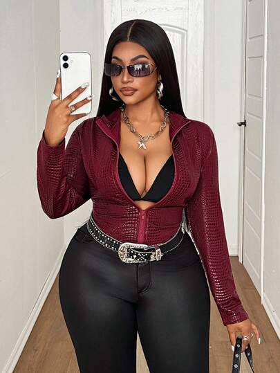 Maweii Chaqueta versátil de manga larga con textura, de alta gama, con cierre ajustable, para mujer de talla grande, ideal para fiestas, festivales de música y Año Nuevo, en color borgoña
