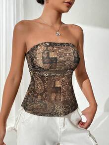 Firerie 女士夏季海滩度假风拼接印花修身抹胸上衣 - 彩色 - 查看 6