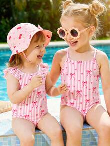 SHEIN 亮粉色，可爱蝴蝶结，爱心，条纹图案，少女休闲简约连体泳衣，适合夏季度假、海滩穿着，少女风 - 彩色 - 查看 5