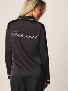 MISSGUIDED 缎面伴娘睡衣套装 长袖纽扣上衣 阔腿裤 家居服 - 黑色 - 查看 3