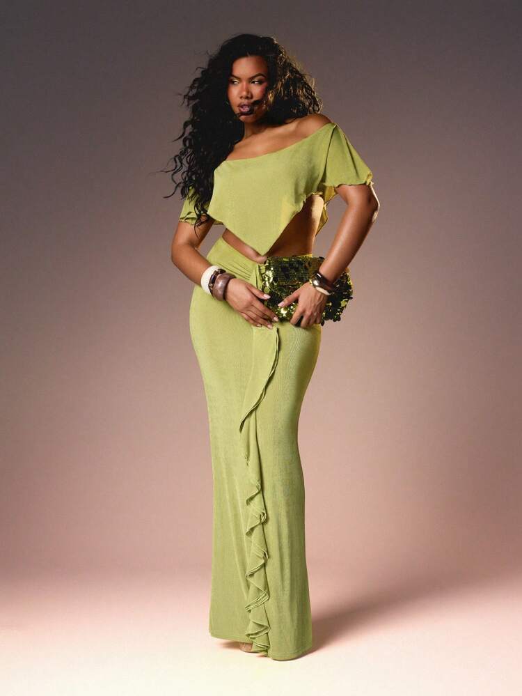 MISSGUIDED Lime Ribbed Knit Ruffle Maxi Skirt High Waisted Bodycon Long Column Skirt With Side Ruffle Detail For Summer Party Occasions