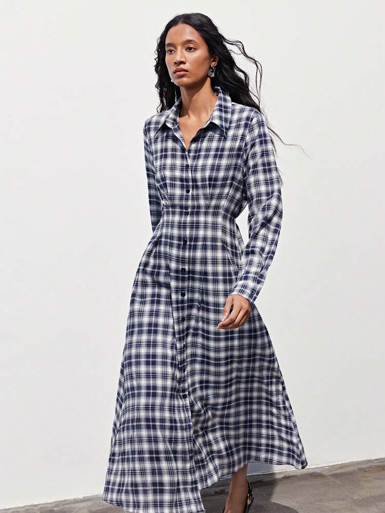 SHEIN Maija 여성 캐주얼 격자 무늬 버튼 앞면 롱 드레스, 봄/가을
