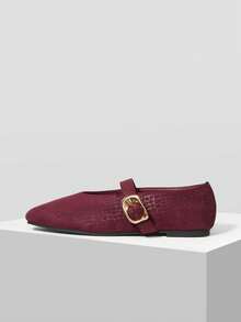 MOTF PREMIUM WOMEN'S COMMUTING CASUAL COMFORTABLE VERSATILE MARY JANE SQUARE TOE FLAT SHOES VALENTINE'S DAY - Burgundy alligator pattern - View 4