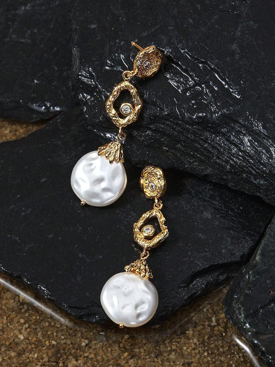 Opalesca Pendientes de aro con textura martillada, cuentas de vidrio vintage irregulares chapados en oro de 14K, accesorios para bodas y novias, estilo fairycore/hada, perla, para mamá/mujer/niña, elegante, premium, con flores, cristales, oro, Pascua, viaje/playa/vacaciones, bohemio - Dorado - Ver 1