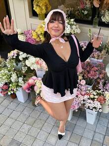 GalTyme 大码女式休闲纯色心形领褶皱胸部吊带娃娃衫，春秋季 - 黑色 - 查看 6