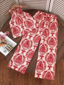 Sparklyn Girls' Beach Vacation Basic Halter Shirt + Loose 3/4 Pants Woven Floral 2 Pieces Set - Red - View 3