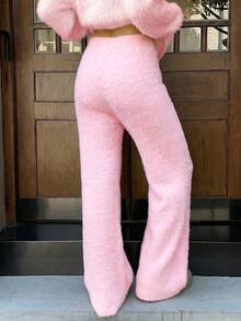 SHEIN EZwear 女士纯色高腰休闲阔腿针织裤，冬季 - 粉色 - 查看 2