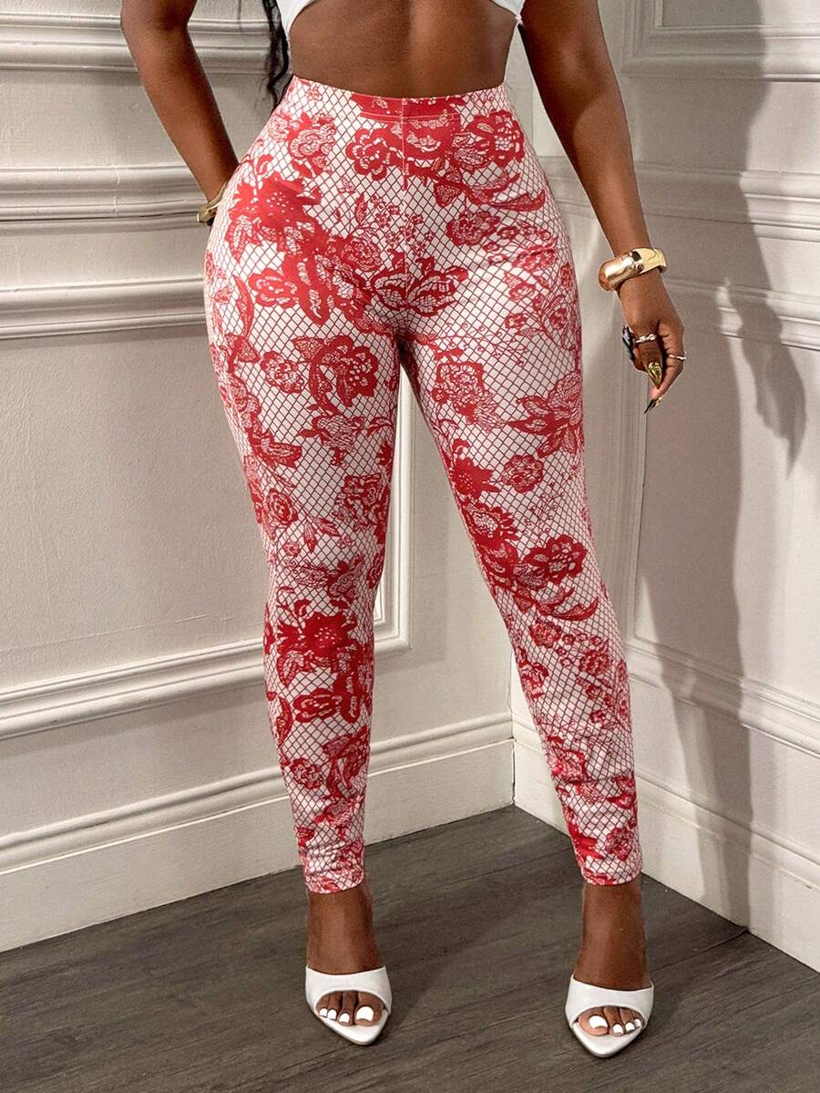 Glyssa Women's Lace Print Leggings, Flattering Fit For Music Festivals And Vacations - Burgundy - View 1