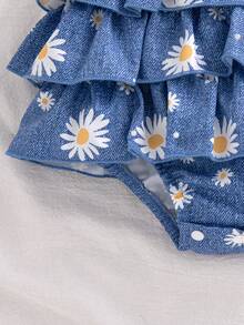 SHEIN Vintaside Kids Bộ áo liền quần tay ngắn nhiều lớp bèo nhún, thoải mái, dễ thương cho bé gái, chất liệu vải dệt, phù hợp cho mùa xuân/hè. - Màu xanh lam - Xem 8