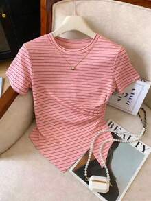 GlowEve Women's Striped Minimalist Casual Round Neck Short Sleeve T-Shirt - Multicolor - View 1