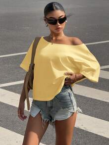 Muchica 芥末黄针织宽松单肩短袖女式T恤 - 鵝黃色 - 查看 4