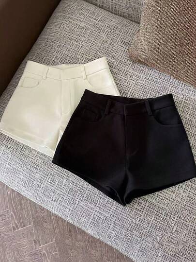 Resyla 2 chiếc quần short nữ màu trơn kiểu dáng thường ngày có túi