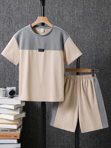 2pcs Tween Boy Casual College Contrast Color Crew Neck Pullover Short Sleeve T-Shirt & Shorts Set Khaki Suitable For Commuting School Outings Sports Holiday Party Vacation Spring Summer - Multicolor - View 5