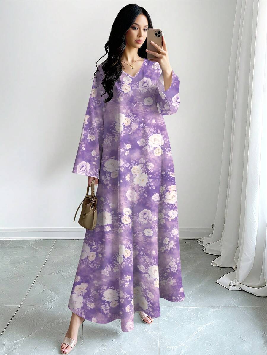 SHEIN Najma 紫色紮染碎花V領長袖長洋裝,女款春夏長款花卉洋裝,優雅阿拉伯風穿搭,適合度假、假日與日常穿著 - 彩色 - 查看 1