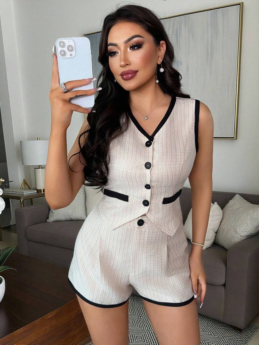 Vavine Women's Casual Contrast Trim Button Front Tank Top And Shorts 2 Pieces Set, Summer - Apricot - View 1