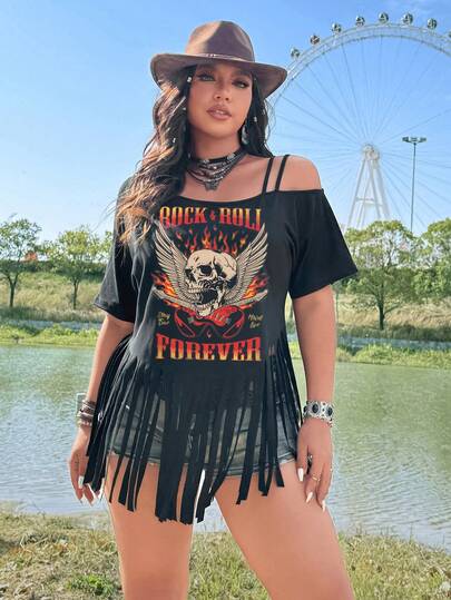 Sunnyshic 大码女式新款复古浪漫度假音乐节波西米亚风嬉皮牛仔风流苏印花T恤，常规款，流苏T恤，适合音乐节、度假和休闲穿着，春夏款/音乐节/派对