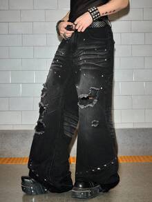 ROMWE MEN Goth 男士休闲直筒破洞铆钉牛仔裤，街头时尚 - 黑色 - 查看 5
