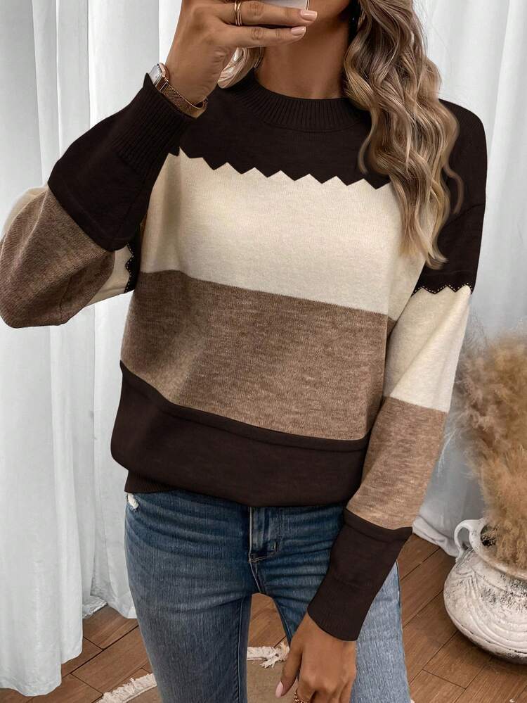 カラーブロック ウェーブパターン ラウンドネック プラスサイズ セーター プルオーバー、パーティー、音楽フェス、ホームウェア、入学式、ギフト、ショッピング。冬の女性ドレス、秋服、カントリートップス、ベーシックトップ