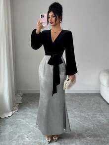 SHEIN Raffinéa Elegantes Damen Samt Top&Rock Set, Schwarz und Silber Farbblock V-Ausschnitt Tailliertes Mode Outfit, geeignet für Abendparty, Essen, formell, Herbsturlaub - Silber - Übersicht 4