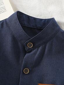 SHEIN Kemeja Lengan Pendek Patchwork Sederhana untuk Anak Laki-laki, Pakaian Kasual Sehari-hari - Navy Blue - View 3