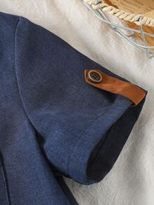 SHEIN Kemeja Lengan Pendek Patchwork Sederhana untuk Anak Laki-laki, Pakaian Kasual Sehari-hari - Navy Blue - View 5