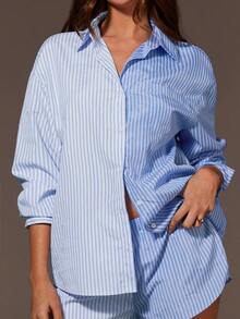 Athîral Women's Casual Blue Striped Patch Shirt, Asymmetrical Blue Striped Shirt, Lapel Long Sleeved Shirt, Spring And Summer Shirt, Casual Vacation Outfit, Outdoor Outfit, Date Outfit, Casual Versatile Shirt - Blue - View 2