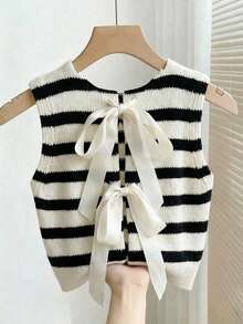 Franclia 早春新款休闲蝴蝶结缎带圆领无袖撞色条纹女式针织上衣 - 彩色 - 查看 1