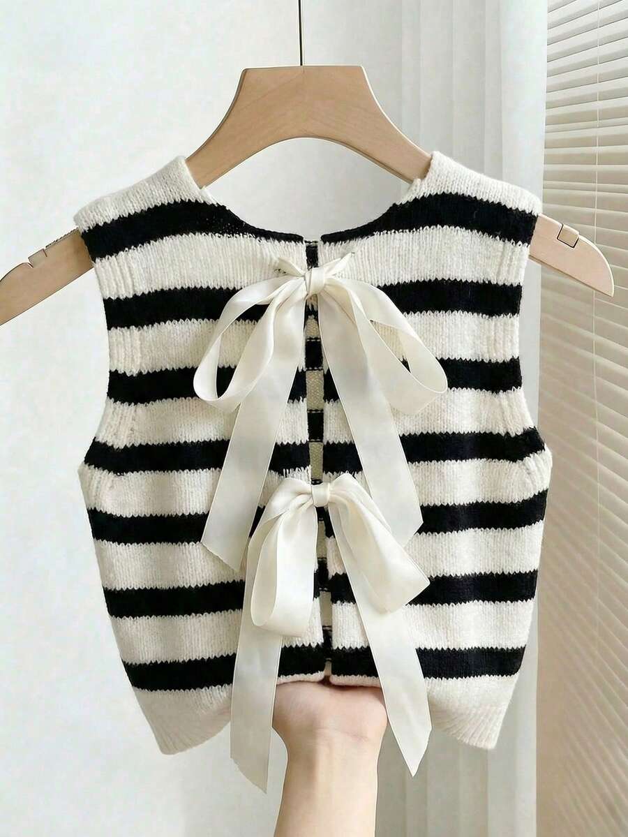 Franclia 早春新款休闲蝴蝶结缎带圆领无袖撞色条纹女式针织上衣 - 彩色 - 查看 1