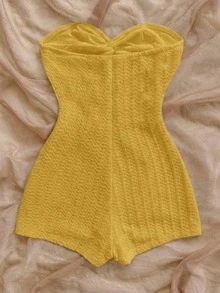 SHEIN PETITE CURVE Plus Size Minimalist Casual Twist Textured Fabric Jumpsuit, Summer Fashion - Yellow - View 2