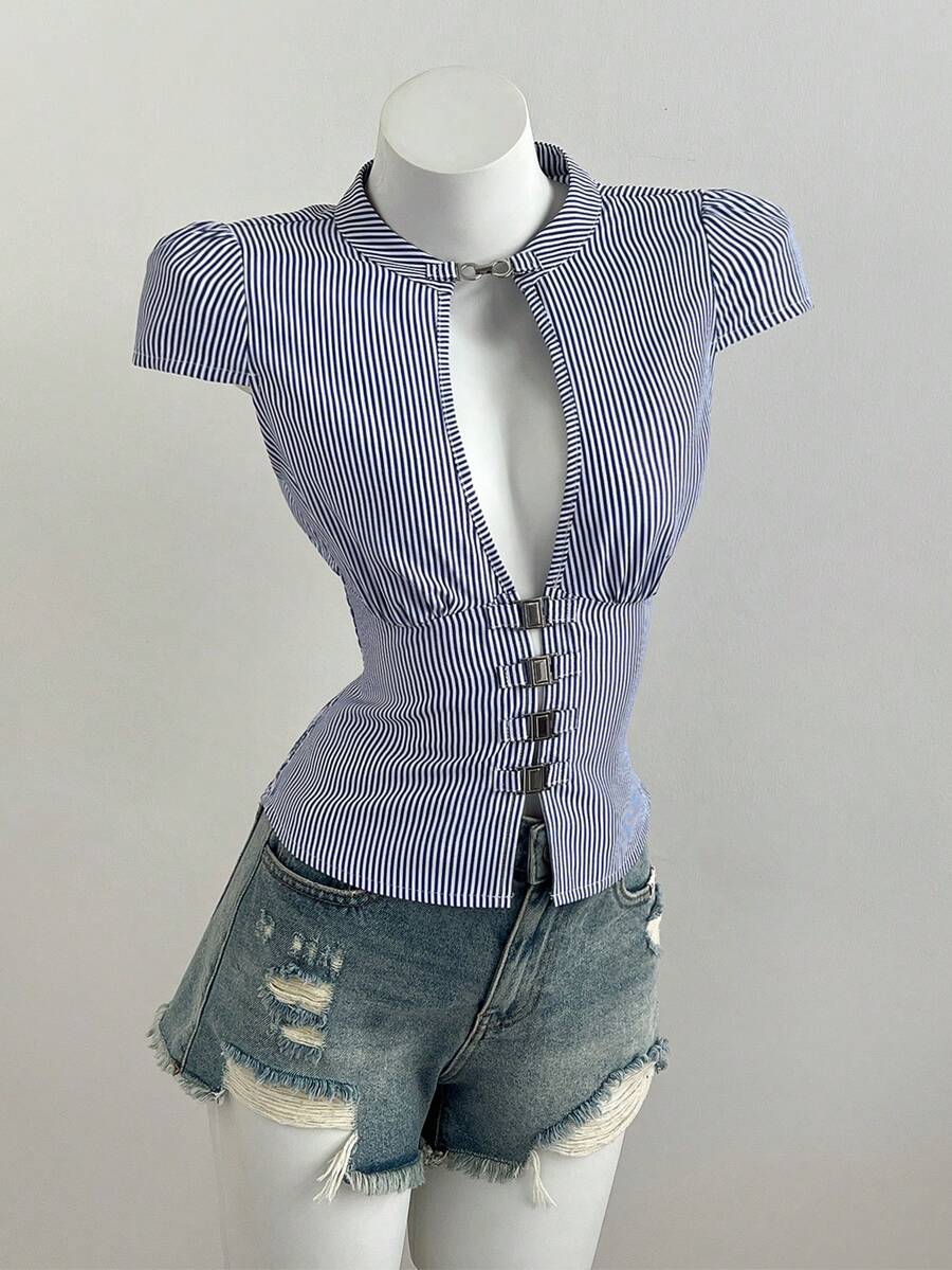 Elamini 条纹深V领优雅女士短袖衬衫 - 黑與白 - 查看 1